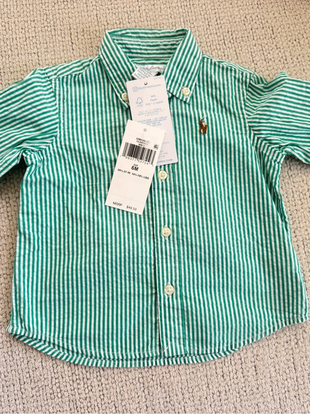 Ralph Lauren Green & White Striped Cotton Button-Down Shirt - Baby